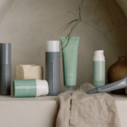 Postbiotic skincare line on shelf